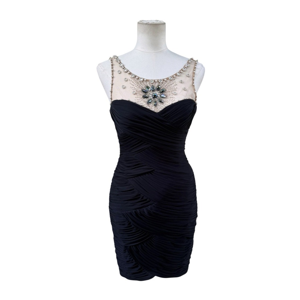Cache Navy Blue Ruched Illusion Cocktail Dress Beaded Rhinestone Y2K Size 2